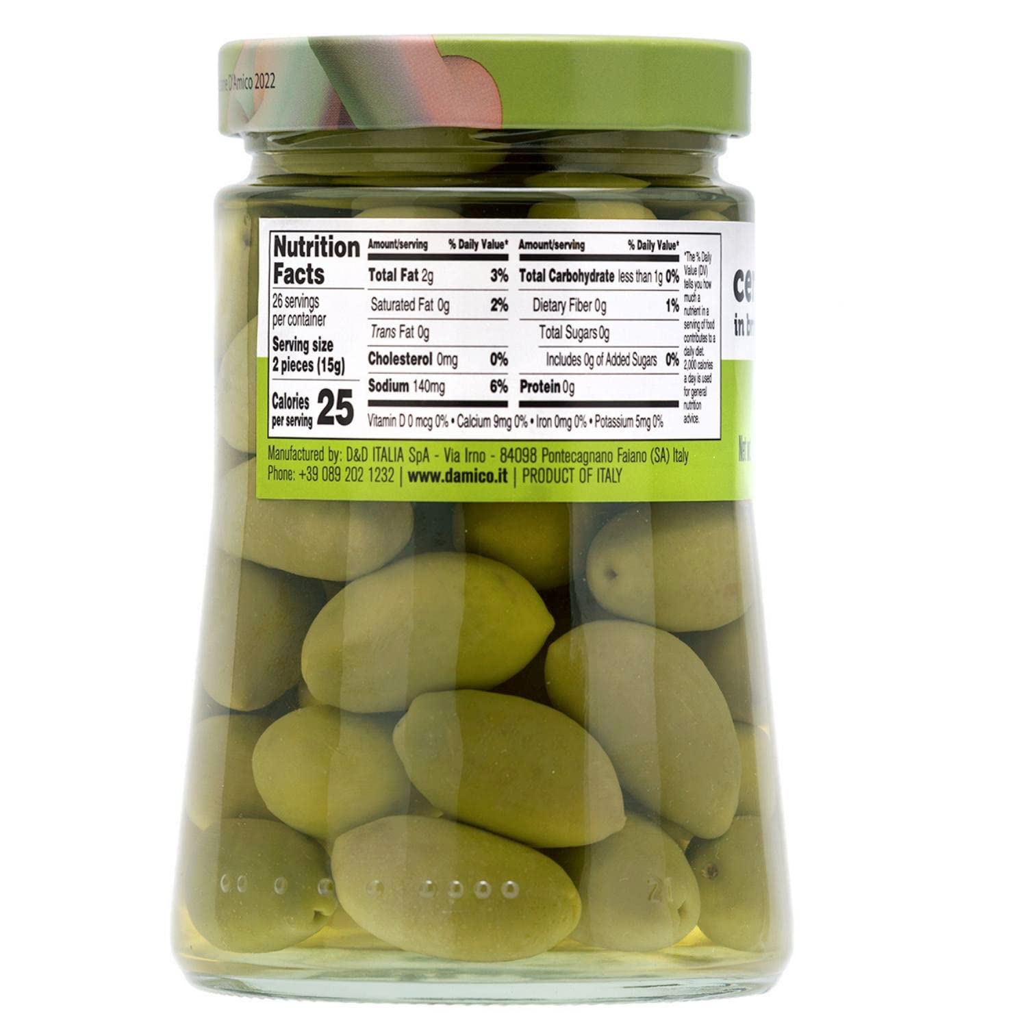 FRATELLI D'AMICO - Cerignola Olives, Green Olives In Brine, 25.7 oz Family-size Net Weight 25.7 oz (730) g, NON-GMO (Pack of 2)