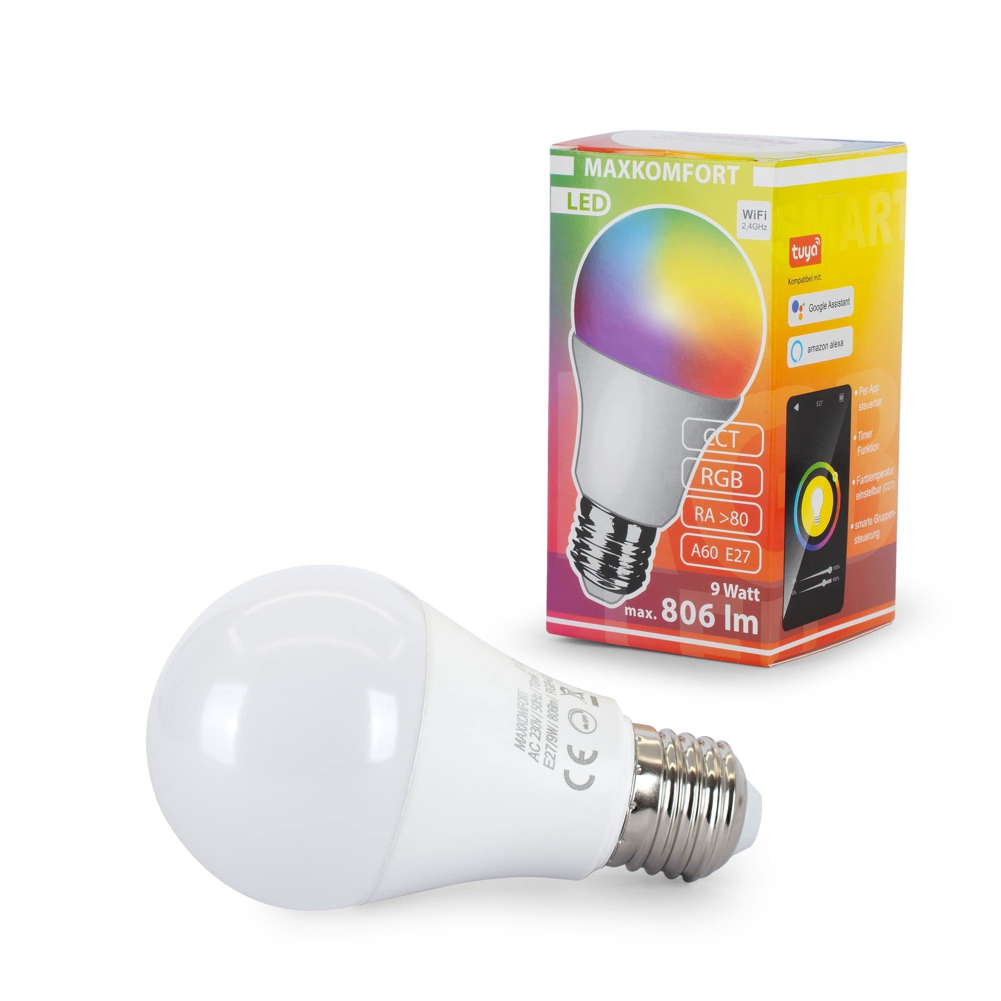 Maxkomfort SMART E27 LED Leuchtmittel RGB 9W warmweiß RGBW App Steuerung WIFI Alexa und Google kompatibel (5)