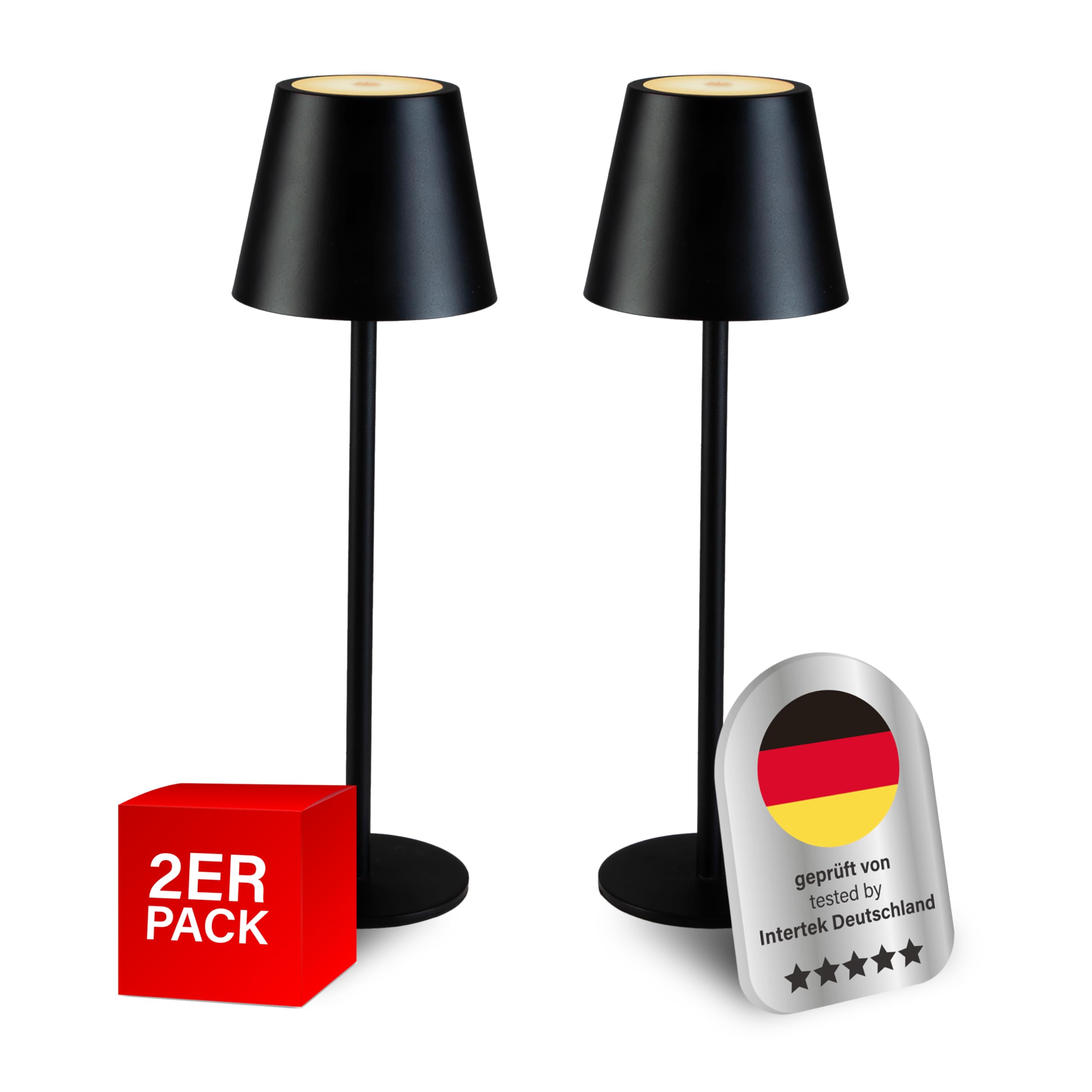 MegaLight dimmbare kabellose Tischlampe schwarz 2 Stück | 3000K warmweißes Licht + 1800K extra warmweißes Wohlfühllicht 