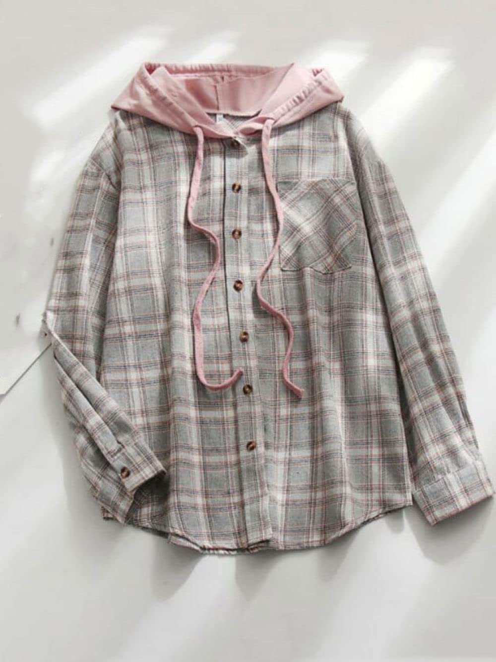 MIDJ Damen Bluse,Damen Kapuzenpullover Flanellhemd Rosa Kariert Holzfällerhemd Freizeitjacke Zarte Knopf Warme Strickjacke Vintage Sexy Hemd Damen Leichte Jacke