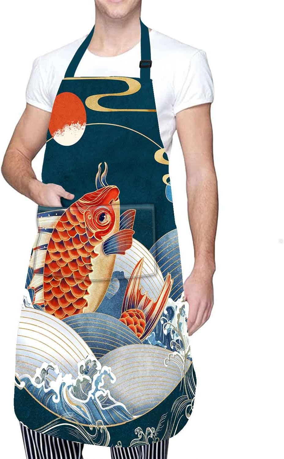 MIZSYE Japanese Style Apron Cute Fish Ocean Red Sun Kitchen Apron for Men and Women Cooking Grilling Friends Gifts 26.5X33.1 inch WQFNMS00010