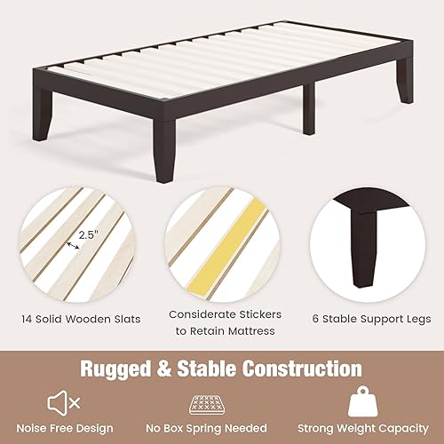 Miniatura 46 de Giantex Base de cama de plataforma de madera matrimonial de 14 pulgadas, base de colchón de estilo minimalista con madera de goma maciza, soporte de