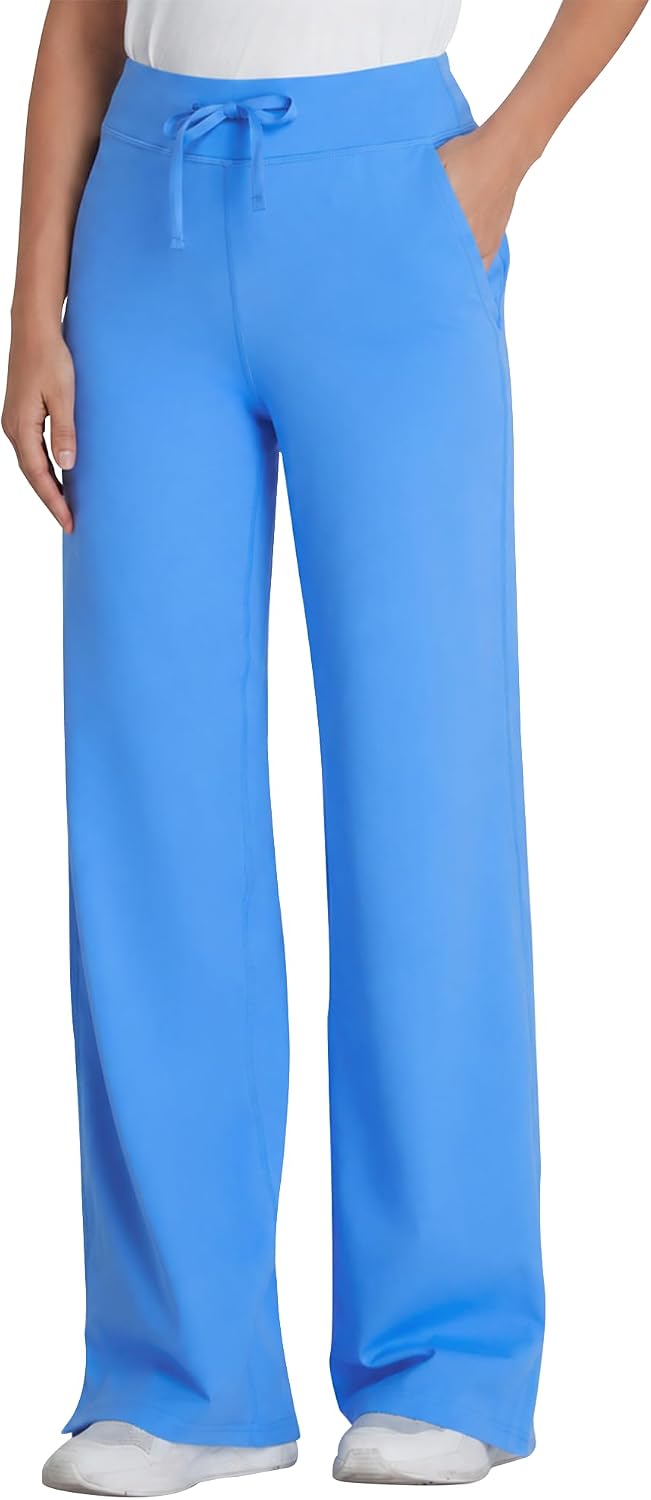 QBK Wide Leg Yoga Scrub Pants for Women, High Rise Stretchy Medical Work Pants with Flat Drawstring and Utility Pockets