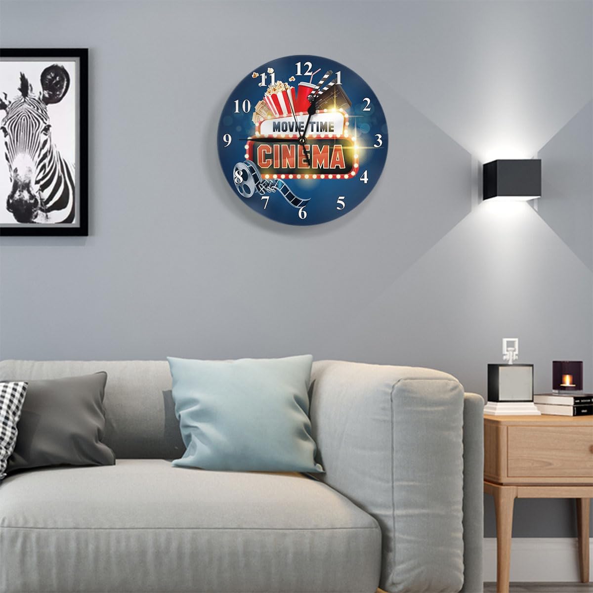 Cinema Movie Modern Wall Clock Round 10 Inch Battery Operated Popcorn Filmstrip Clapboard Tickets Theater Shining Quartz Silent Wooden Clocks Art Wall Decor for Living Room Classroom Bedroom