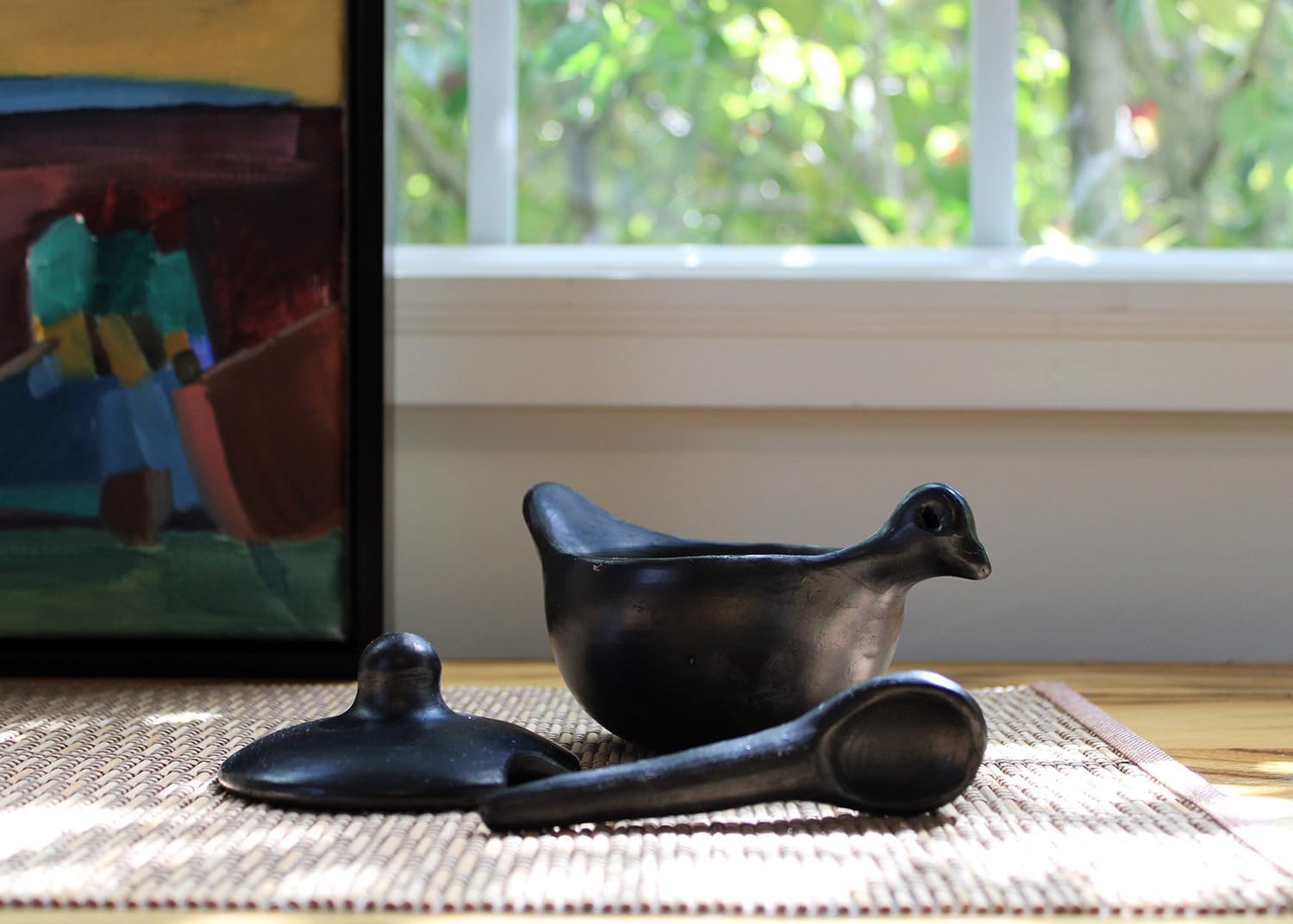 Authentic La Chamba Hen Salsa Dish w/Cover & Spoon - Elegant, All-Natural Black Clay Bowl for Sugar, Salsas, Condiments and More – Earthenware, Handmade in Colombia, 4.5" x 4.5" x 3"