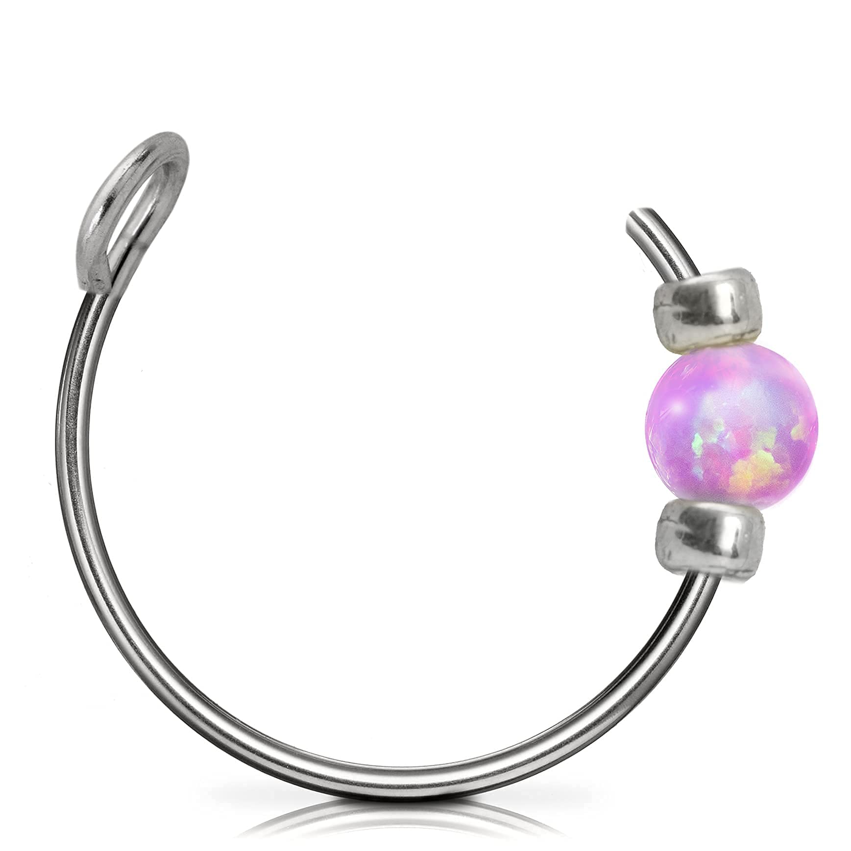 Lugasis FINE JEWELRYSilver Clip on Nose Ring - Comfortable Sterling Silver Fake Nose Ring with a 2mm Pink Opal - 7mm Thin 24 Guage Silver Faux Piercing Hoop