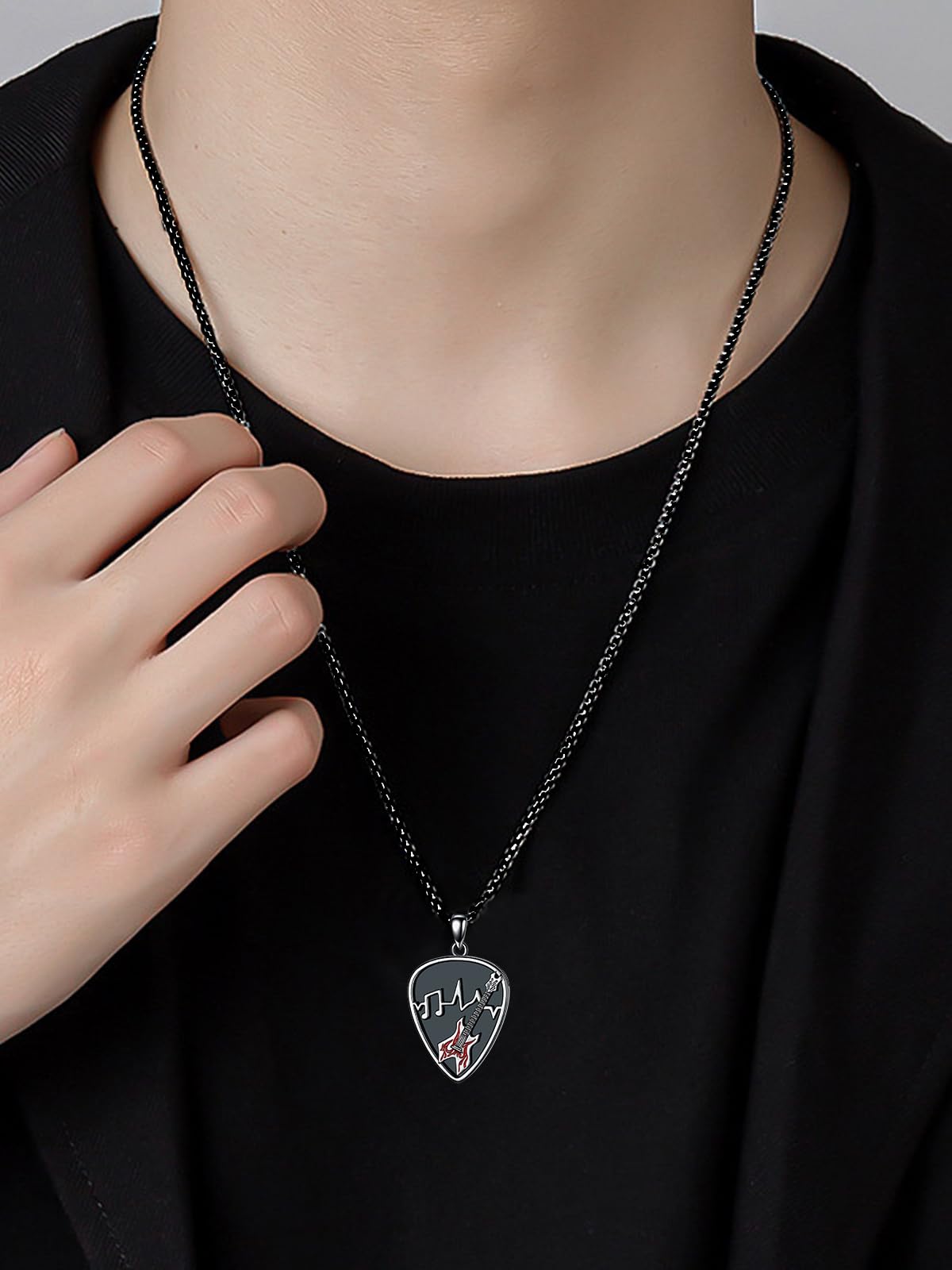 Dorunmo Black Guitar Pick Holder Necklace Sterling Silver Soundwave Guitar Pick Pendant Holder Guitar with Music Note Pendant Jewelry Musicians for Guitar Lovers Music Lovers