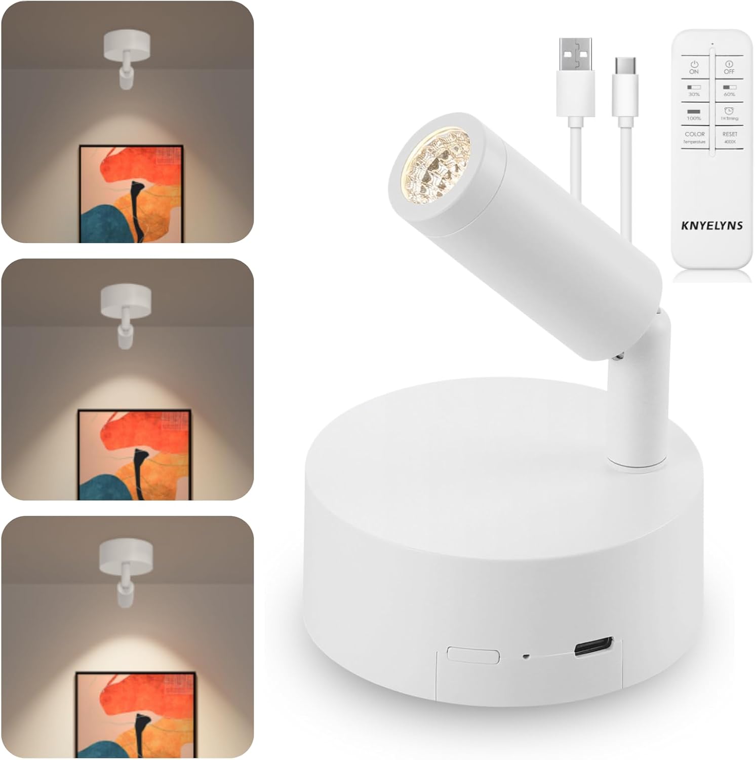 Wireless Spotlights Uplighting Indoor: Wall Light with Rechargeable Battery Operated and Remote, Dimmable 360°Rotate Magnetic Light for Picture Plant Reading Night Light 1 Pack