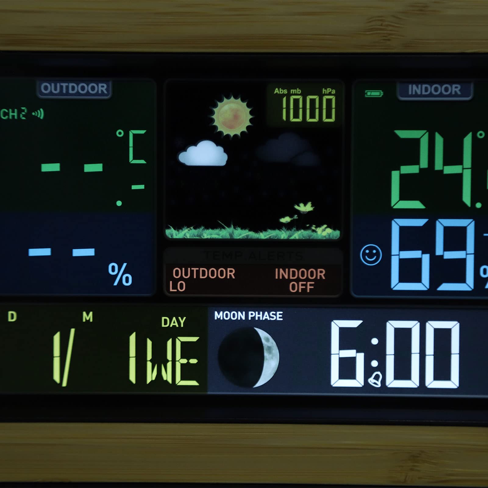 Termometro wireless per interni ed esterni con stazione meteorologica, monitor digitale per umidità e temperatura con display a colori con previsioni, barometro, fasi lunari e