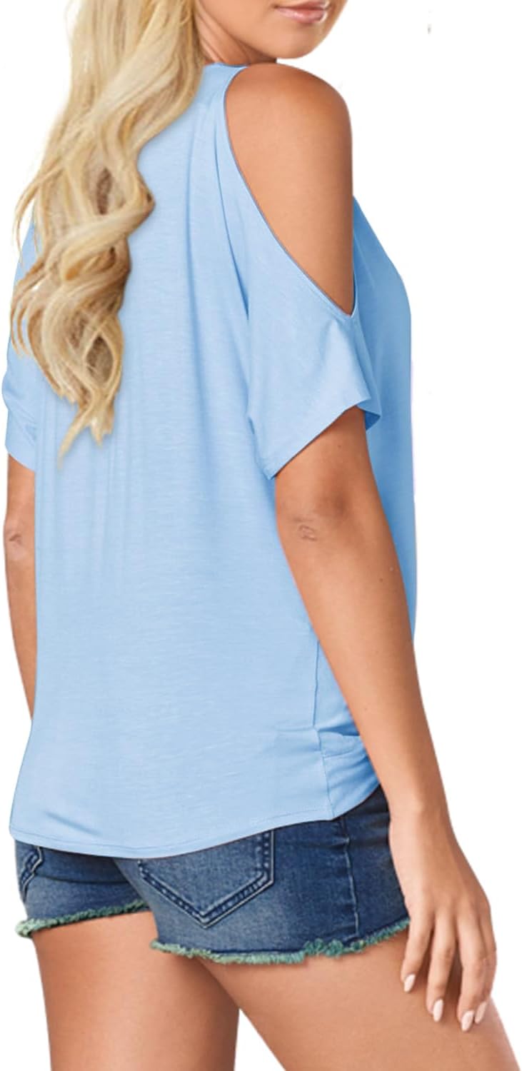 LEIYEE Womens Summer Cold Shoulder Tops Short Sleeve Front Twist Knot V Neck T Shirts Draped Blouses image 2