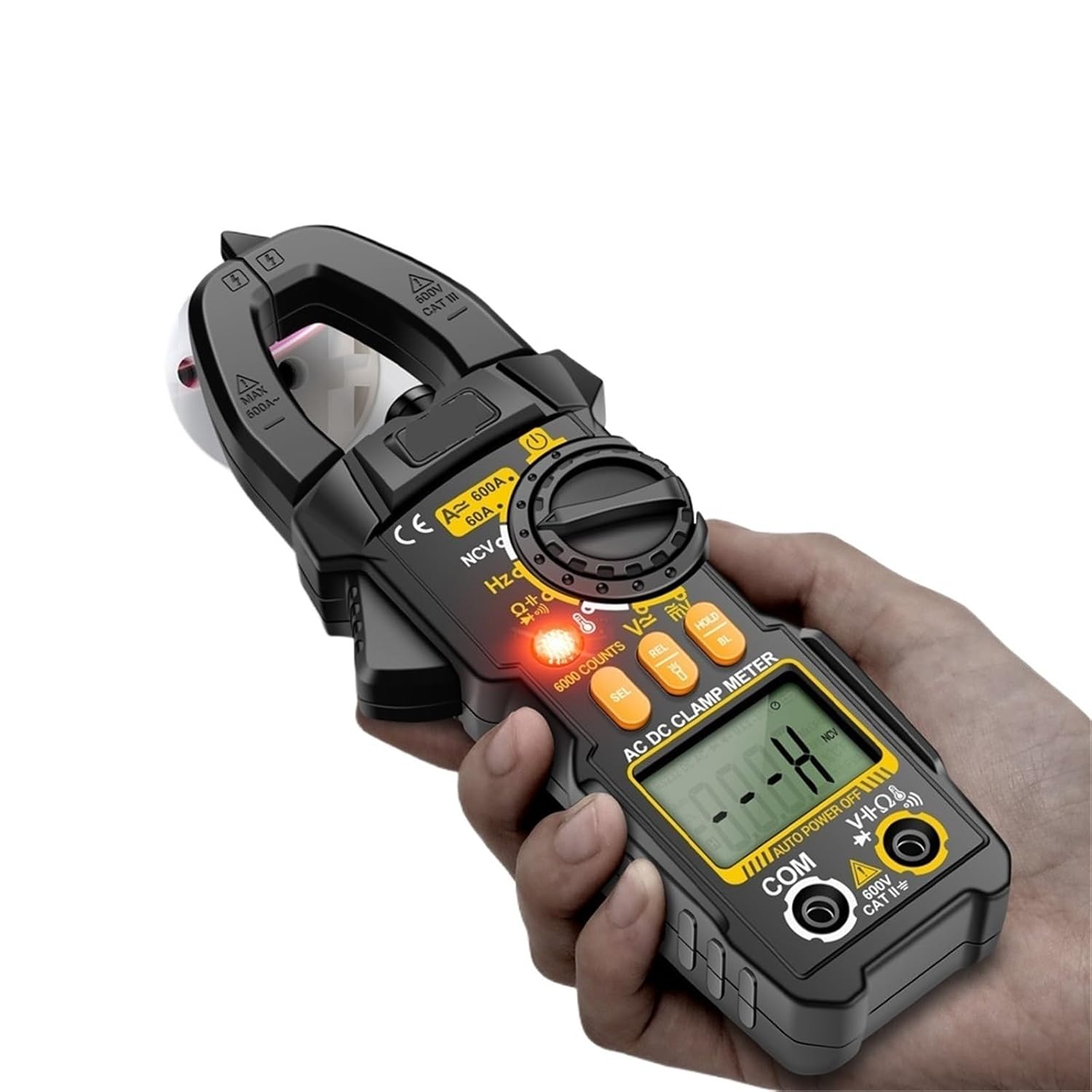 PN108 Smart Clamp Meter Multimeter 6000 Counts Digital AC/DC Voltage 600A Current Resistance Capacitance Diode Test Tools(Black Pro)