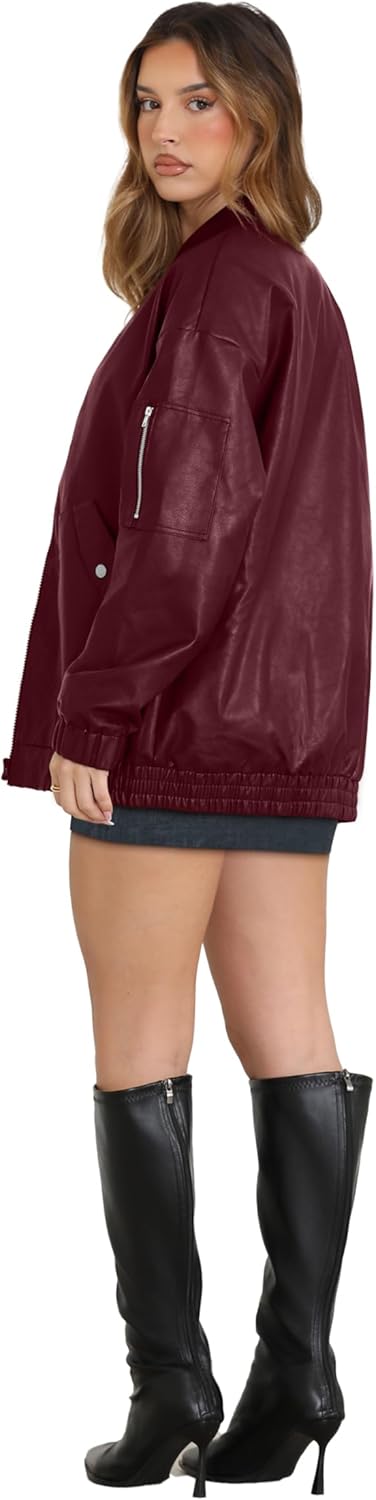 XIEERDUO Faux Leather Jacket Women Oversized Motorcycle Bomber Coats Zip Up Sleeve Pocket 2025 Fall Winter Clothes - Image 5