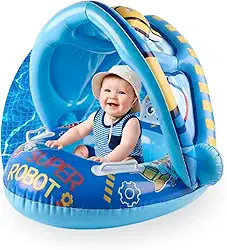 Boia Inflável Infantil com Cobertura - Baby Float com Suporte para Natação Segura, Proteção Solar, Flutuador para Piscina de Bebês