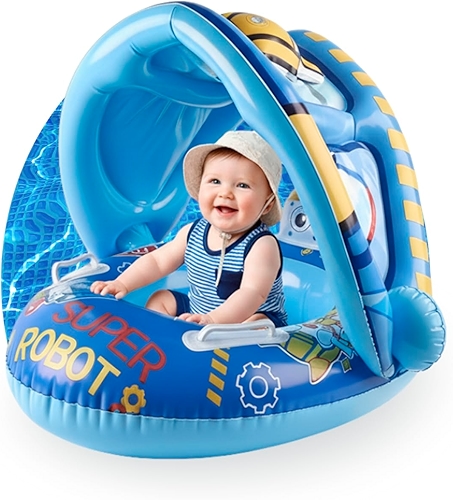 Boia Inflável Infantil com Cobertura - Baby Float com Suporte para Natação Segura, Proteção Solar, Flutuador para Piscina de Bebês