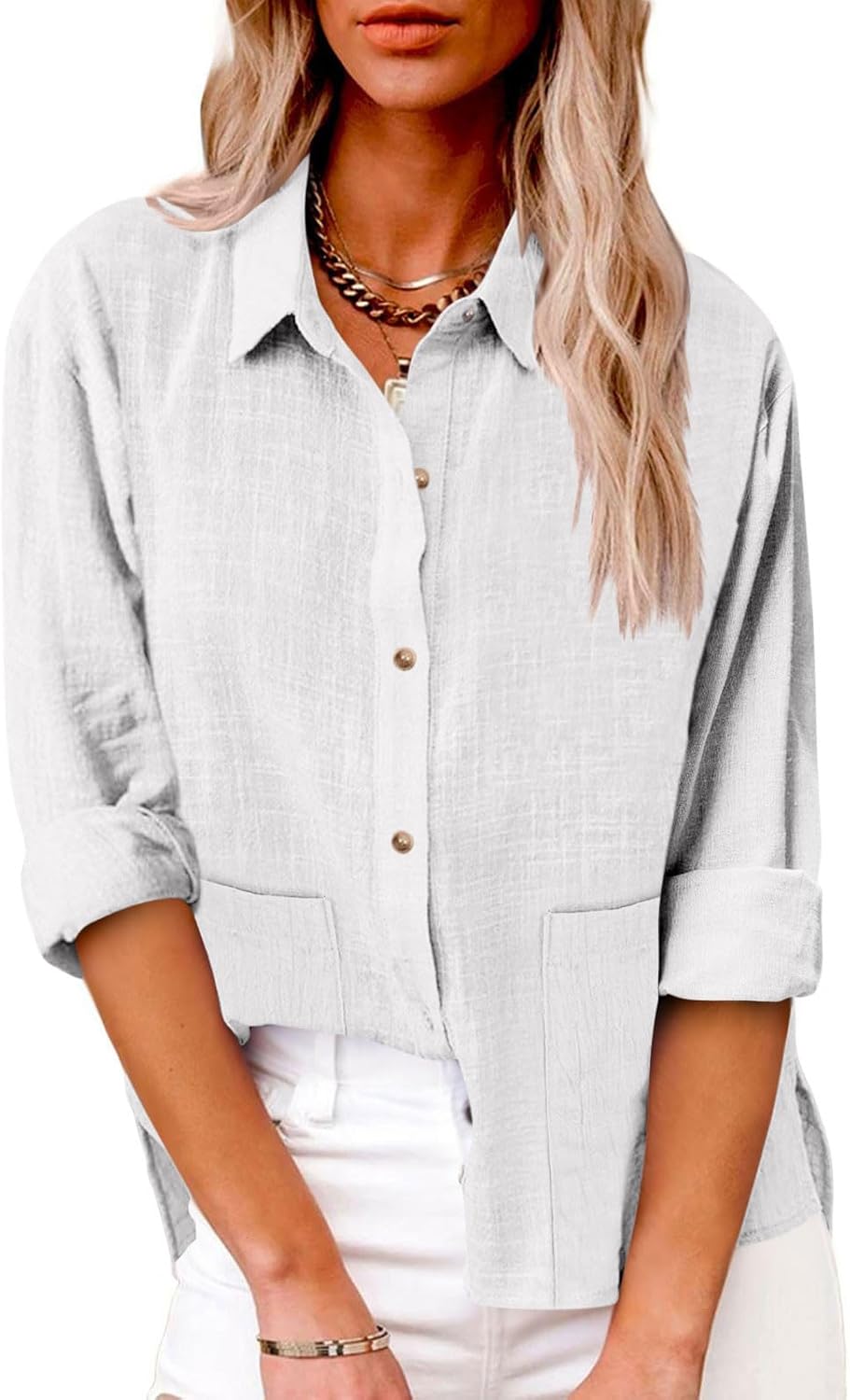Womens Cotton Linen Button Down Shirt Casual Long Sleeve Classic Lapel Blouses Loose Fasion Work Tops with Pockets