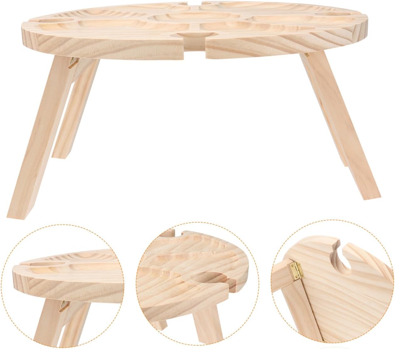 Foldable Wooden Picnic Table with Wine Glass Holder Portable Round Outdoor Table for Camping Beach Park Patio Use