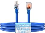 Cord d'extension extérieur avec extrémité éclairée, 10 FT, 15 Amplificateur, 125V, 1875W, 12/3 SJTW, Imperméable, Rose, pour les appareils, Générateur, DIY Outils, Tondeuse à gazon, Lave-pression, Lumières de vacances