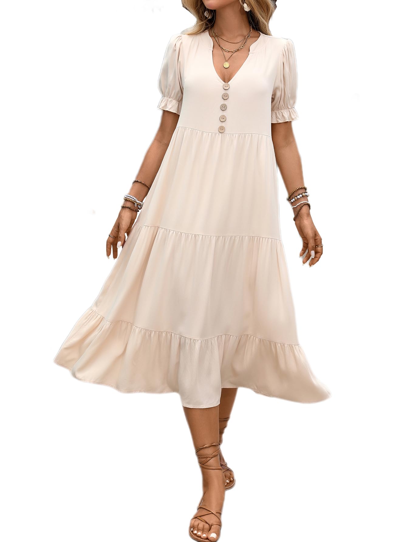 BARASA Womens Summer Casual Dresses Ruffle Short Sleeve V Neck Button Down Boho Beach A Line Flowy Tiered Dress D549