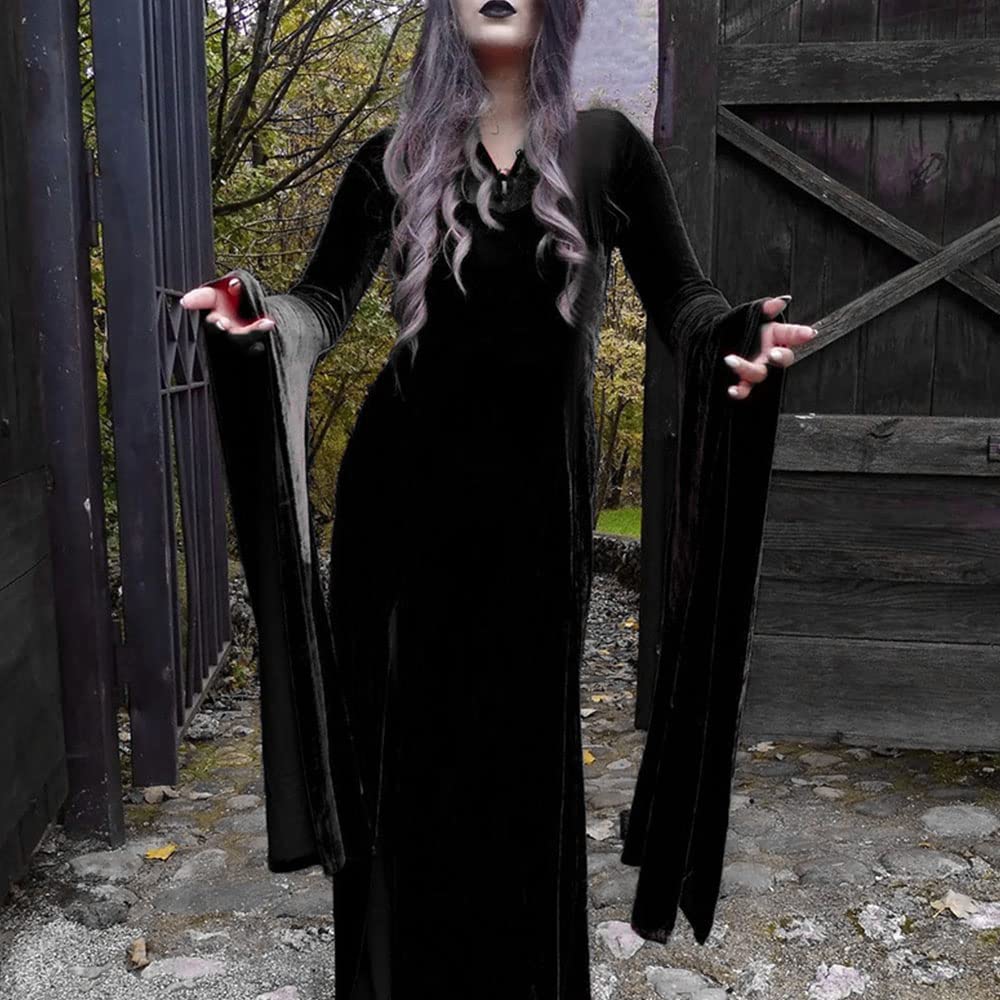 Robe longue sexy fendue en dentelle à manches longues évasées sirène col haut pour Halloween, gothique, sorcière, cosplay | Robe fendue sexy