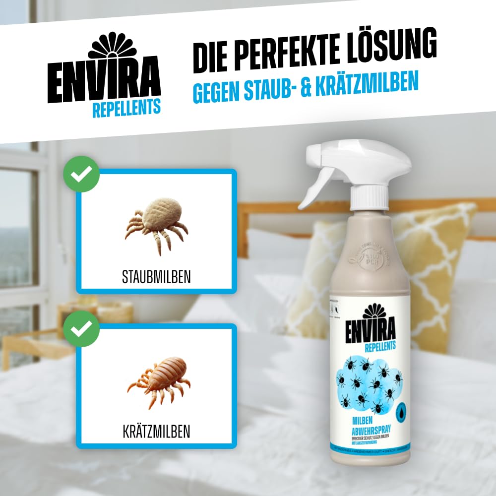Envira Milben Abwehrspray 500 ml + 5 Liter - Spray mit Langzeitwirkung gegen Milben & Hausstaubmilben - Milbenschutz für Matratzen - Mittel gegen Milben in der Wohnung