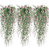 Artificial Hanging Flowers, 3 Pcs Fake Hanging Plants Artificial Vines for Outdoors, Fake Ivy Vine UV Resistant No Fade Faux Plants for Indoor Outside Garden Patio Yard Greenery Decoration (Pink)