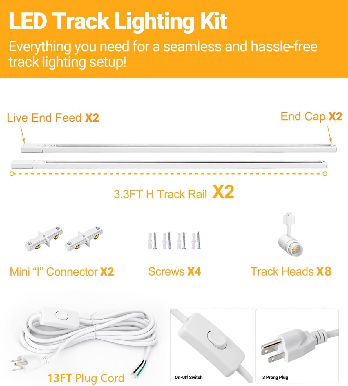 Zoomable Plug in Track Lighting with Power Cord, 8-Light LED Track Lighting Kit with 6.6FT H Type Track Lighting Rails, Modern Kitchen Track Lighting Fixtures Ceiling Spot Light, 3000K White White 8 Lights(3000K)