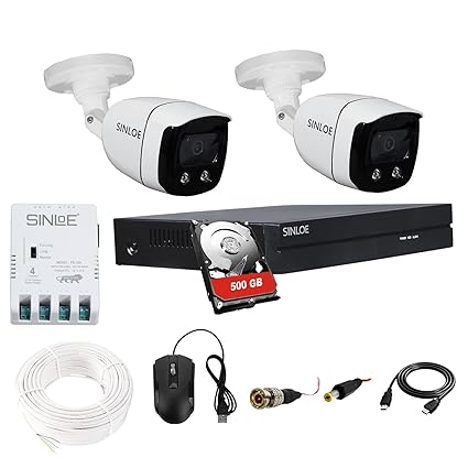 SINLOE 4 Channel 1080P Full HD DVR 2MP Night Color Wired Outdoor 2 Pcs, 500GB Hard Disk Full Combo Set, Black & White