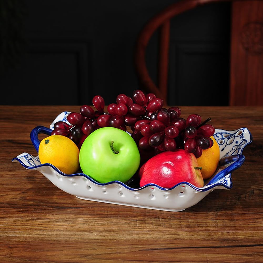 Hand Painted Fruit Basket Salad Bowls, Ceramic Decorative Serving Platters Dishes, Porcelain Fruit Storage Basket for Vegetable ,Snack, Dessert, Bread, Cake Tray Plate for Party Wedding Blue And White