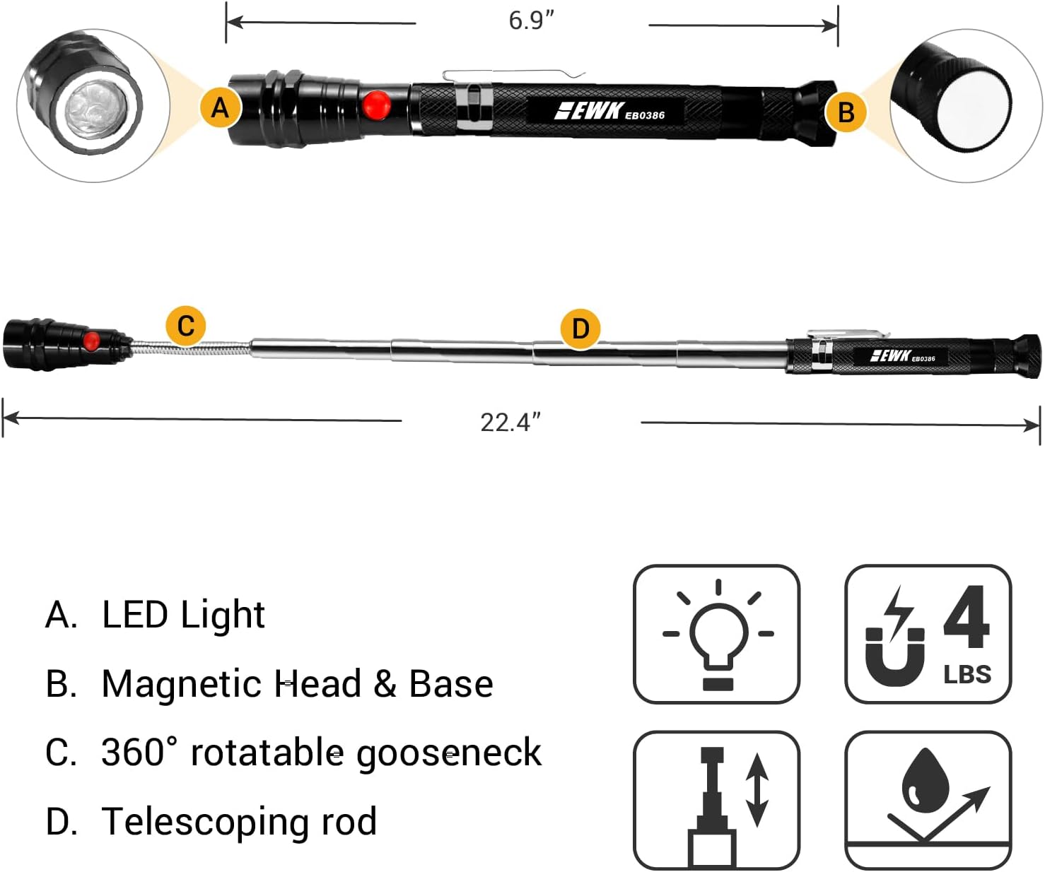 EWK Dual-Head Magnetic Flashlight Pick-Up Tool & 3 Pcs Collapsible Magnetic Parts Tray Set