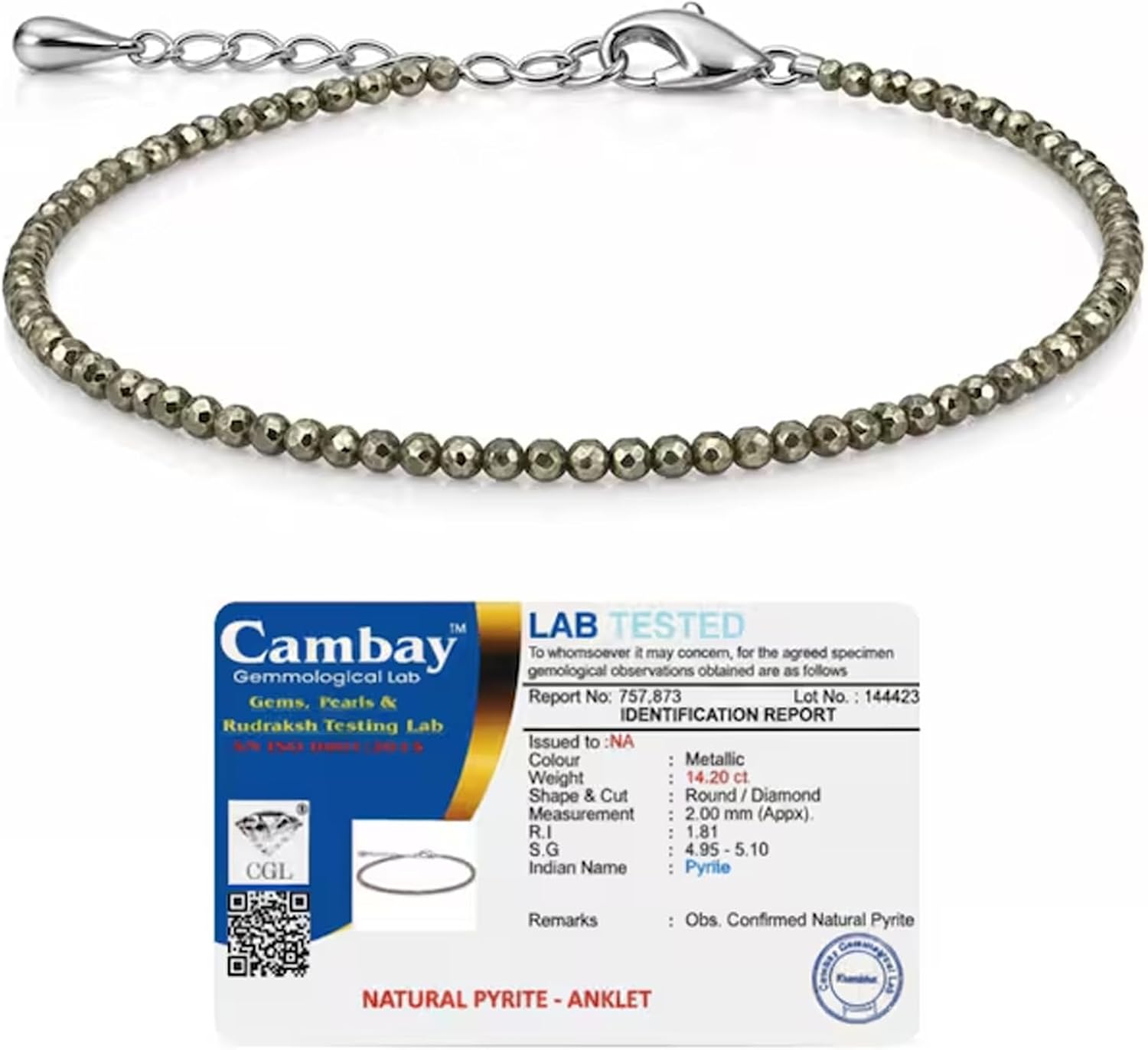 Natural Pyrite Beaded Anklet for Women | Lab Certified Pyrite Stone | 2mm Diamond Cut Round Metallic Beads | Healing Crystal Anklet for Women