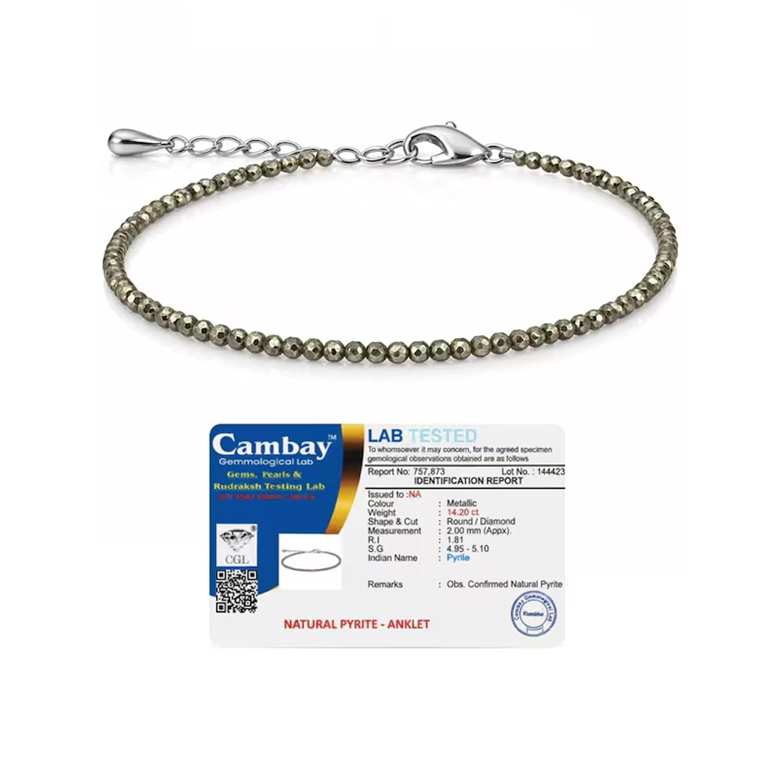 Natural Pyrite Beaded Anklet for Women | Lab Certified Pyrite Stone | 2mm Diamond Cut Round Metallic Beads | Healing Crystal Anklet for Women