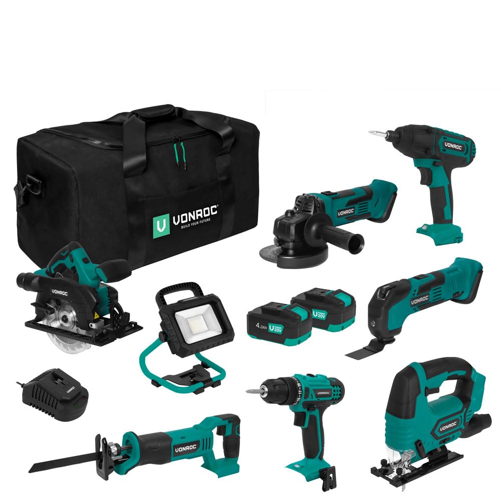 VONROC Pack Outils Sans Fil 20V – Set Complet avec 7 Machines + Lampe LED, 2 Batteries 4.0Ah, Chargeur Rapide & Sac à Outils – Perceuse, Scie Circulaire, Scie Sabre, Meuleuse, Visseuse à Chocs