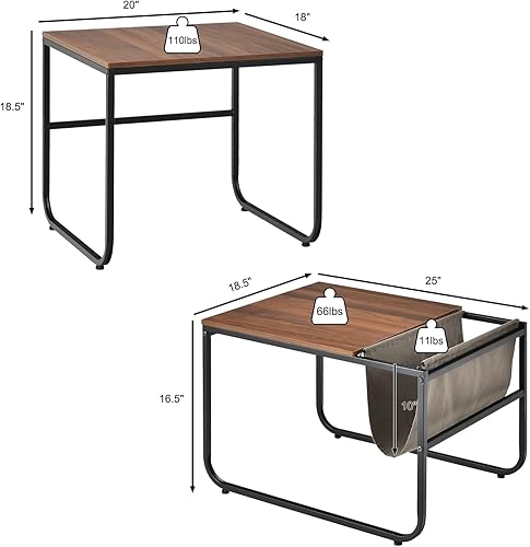 Miniatura 3 de Giantex Juego de 2 mesas auxiliares apilables con bolsillo lateral, mesita de noche acentuada, mesa auxiliar industrial con marco de acero para sala