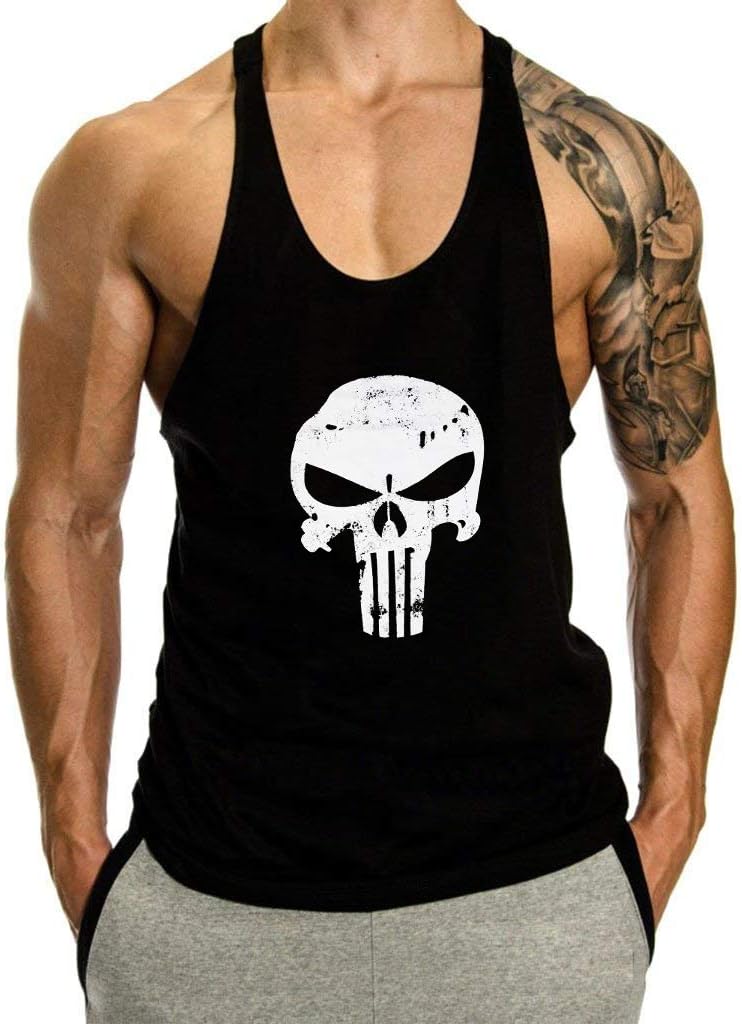 0015 Men's Skull Print Stringer Y Back Bodybuilding Gym Tank Tops Workout Fitness Vest