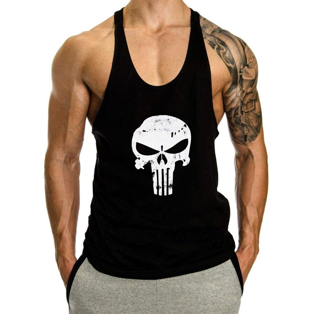THE BLAZZE 0015 Men's Skull Print Stringer Y Back Bodybuilding Gym Tank Tops Workout Fitness Vest