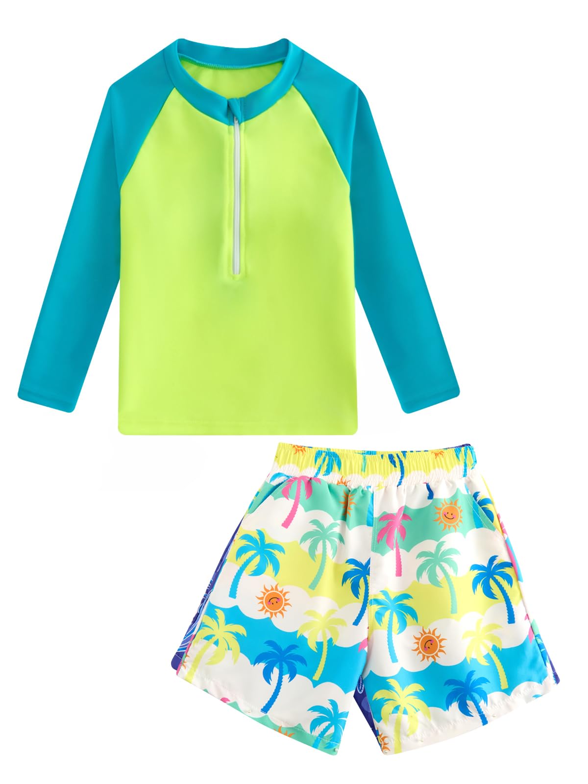 JiAmy Conjunto de traje de baño de manga larga para niños, 2 piezas, traje de baño con cremallera frontal y pantalones cortos de natación con bolsillos, traje de baño para 3-12 años
