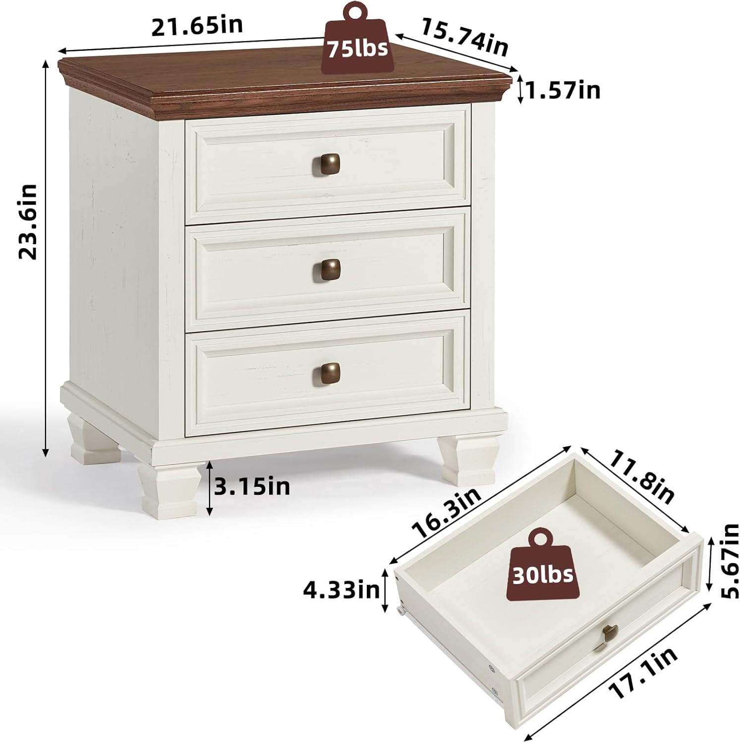 Farmhouse Nightstand Set of 2, Vintage Couch End Table with 3 Drawers & 4 Square Solid Wood Legs, Rustic Bed Side Table with Storage, Small Dresser for Bedroom, Living Room, White - Image 2