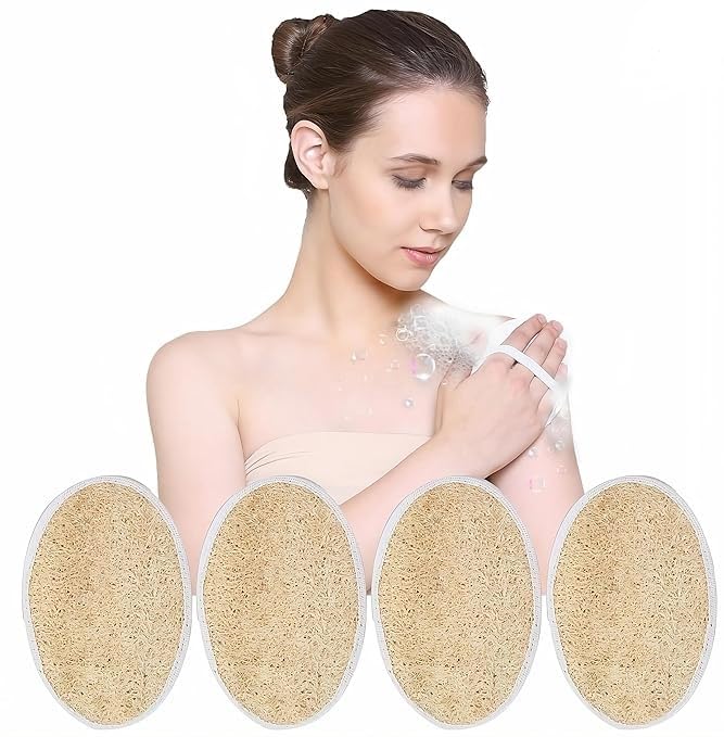 Natural Loofah Body Scrubber with Handle (Pack of 4), Dual-Sided Bath Exfoliating Pad, Oval Shape-picture-33