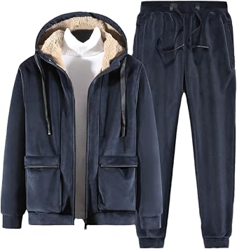 Tracksuit Mens Warm Tracksuit Winter Velvet Chic Two-Piece Set Fleece Mens Tracksuit Jacket+Pants