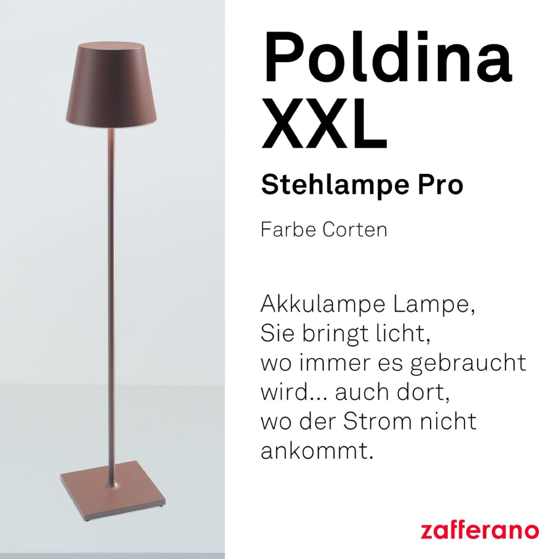Zafferano, Poldina XXL Lampe, Kabellose, Wiederaufladbare Stehlampe mit Touch Control, Geeignet für Wohnzimmer und Außenbereich, Dimmer, 2700-3000 K, Verstellbare Höhe 69-150 cm, Farbe Corten