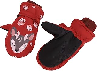 Kids Ski Mittens for Girls Boys Cartoon Winter Insulated Waterproof Ski Gloves Warm Fleece Lined 6-12 Y (Red Deer, L: For Unisex Kids 6-12 Y)