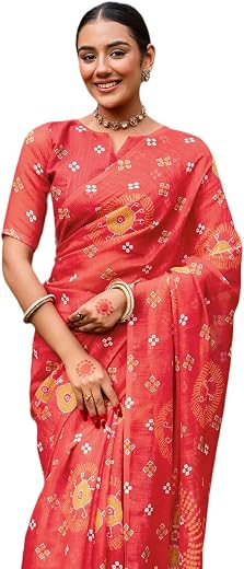 SIRIL Women's Cotton Linen Bandhani Printed Saree with Unstitched Blouse Piece