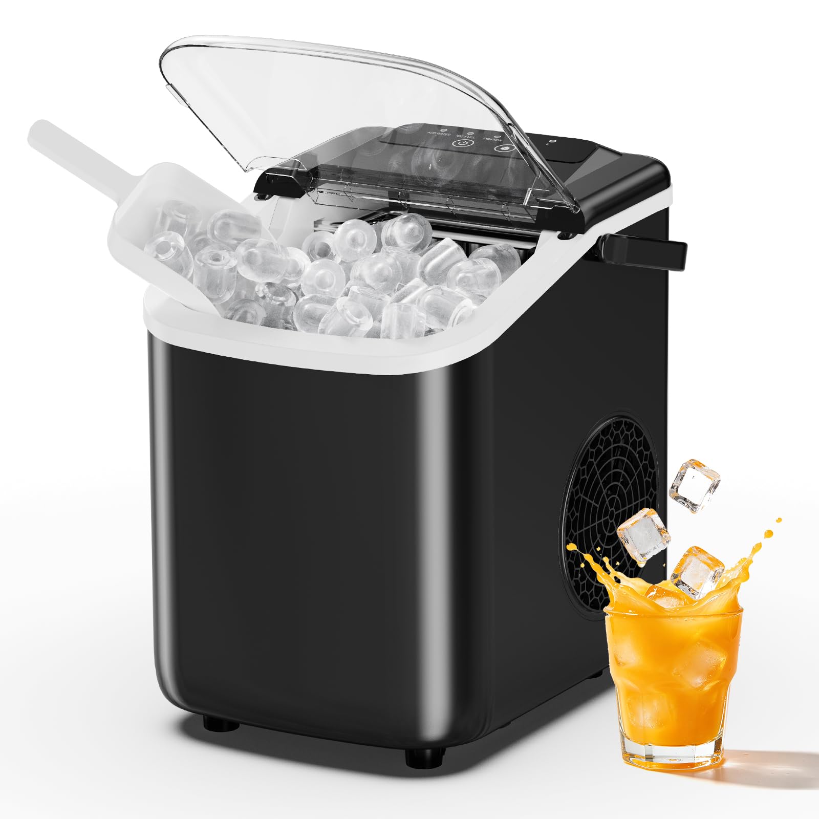 sweetcrispy countertop ice maker with scoop, basket and handle, portable ice machine 9 cubes ready in 6 mins, 26.5lbs in 24hrs, 2 sizes for home kitchen office bar party (used)