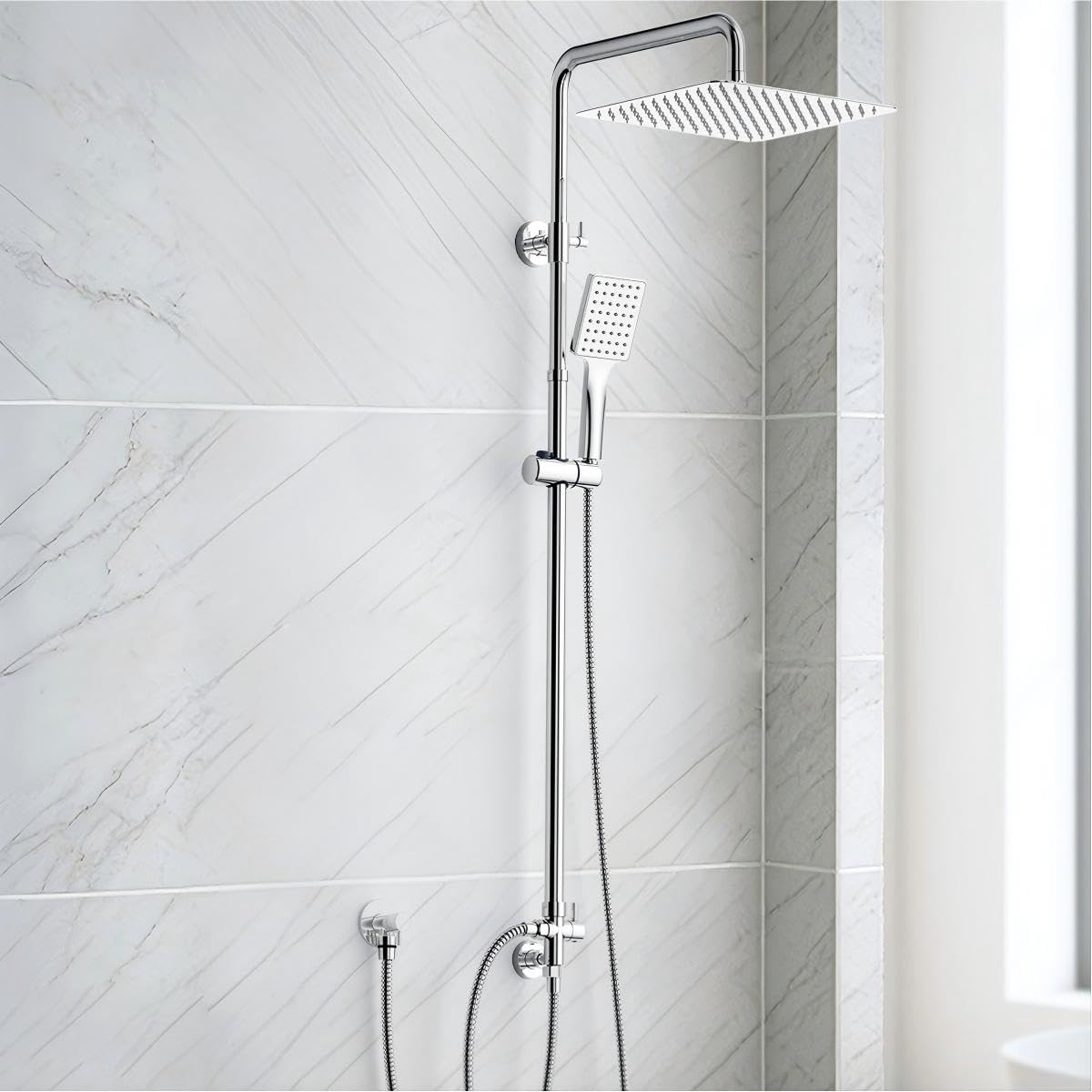 Suncleanse Chrome Shower Riser Rail Kit With 30 X 30 Cm Square Overhead Shower, And Brass Diverter, High Pressure Handheld Shower, Adjustable Height Rainfall Head, Ideal For Small Bathrooms, Ensuites,