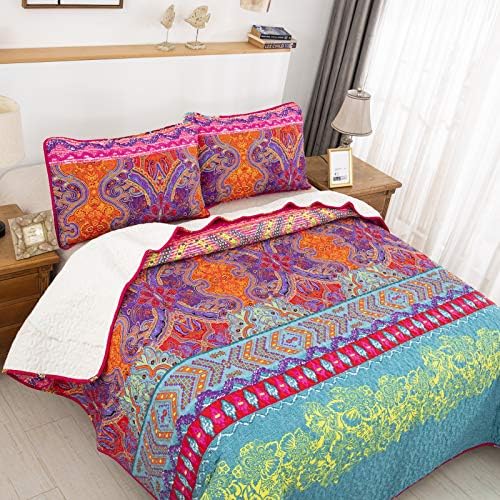 WONGS BEDDING Bohemian Bedspread Double Boho Pattern Printed Quilted Bedspread Coverlet for All Season,Soft Microfiber Quilt Double Size 220x240cm