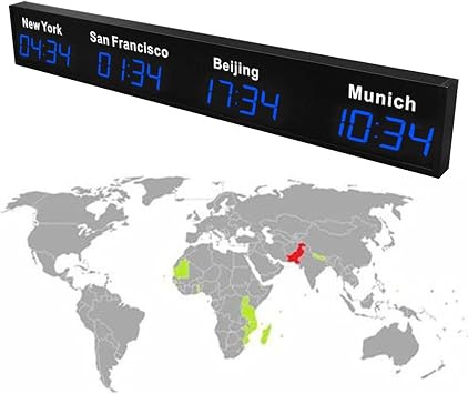 Large Digital LED World Clock, 3/4/5 Time Zone Wall Mounted City Time Zone World Clock, Hotel, Multinational Corporation,Blue-4City