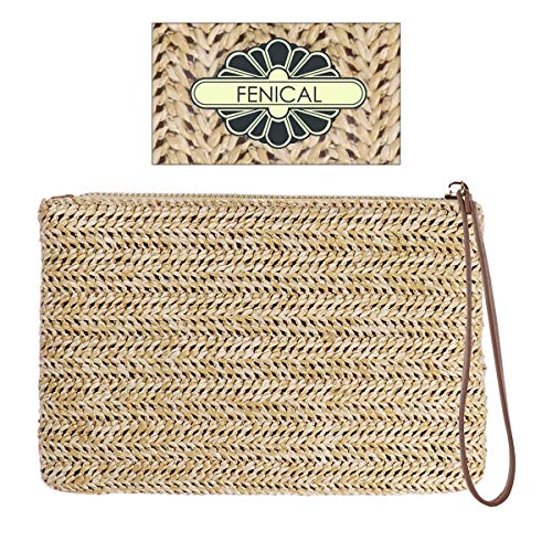 Bolsa clutch FENICAL FENICAL com zíper de palha boêmia com alça de pulso feminina verão e bolsa de m