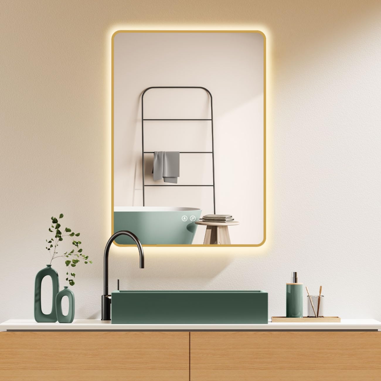 HOKO Antibeschlag LED Badspiegel 50x70 cm / 70x50 cm Louisiana mit Goldener Metallrahmen, HOCH+QUER Montage Schminkspiegel. Touch Schalter+Licht Wechsel 2700-6500K, Warmweiß-Kaltweiß-Neutral