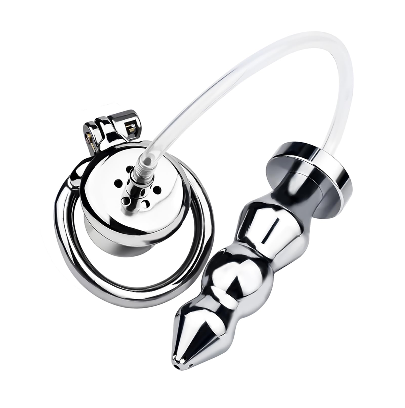 Cage de Chasteté en Acier Inoxydable avec Plug Anal pour Hommes – Jouet Adulte Double Usage pour Couples, Kit de Lavement Compatible Douche, Set Bondage Anneaux de Chasteté (silvery+anal plug,45mm)