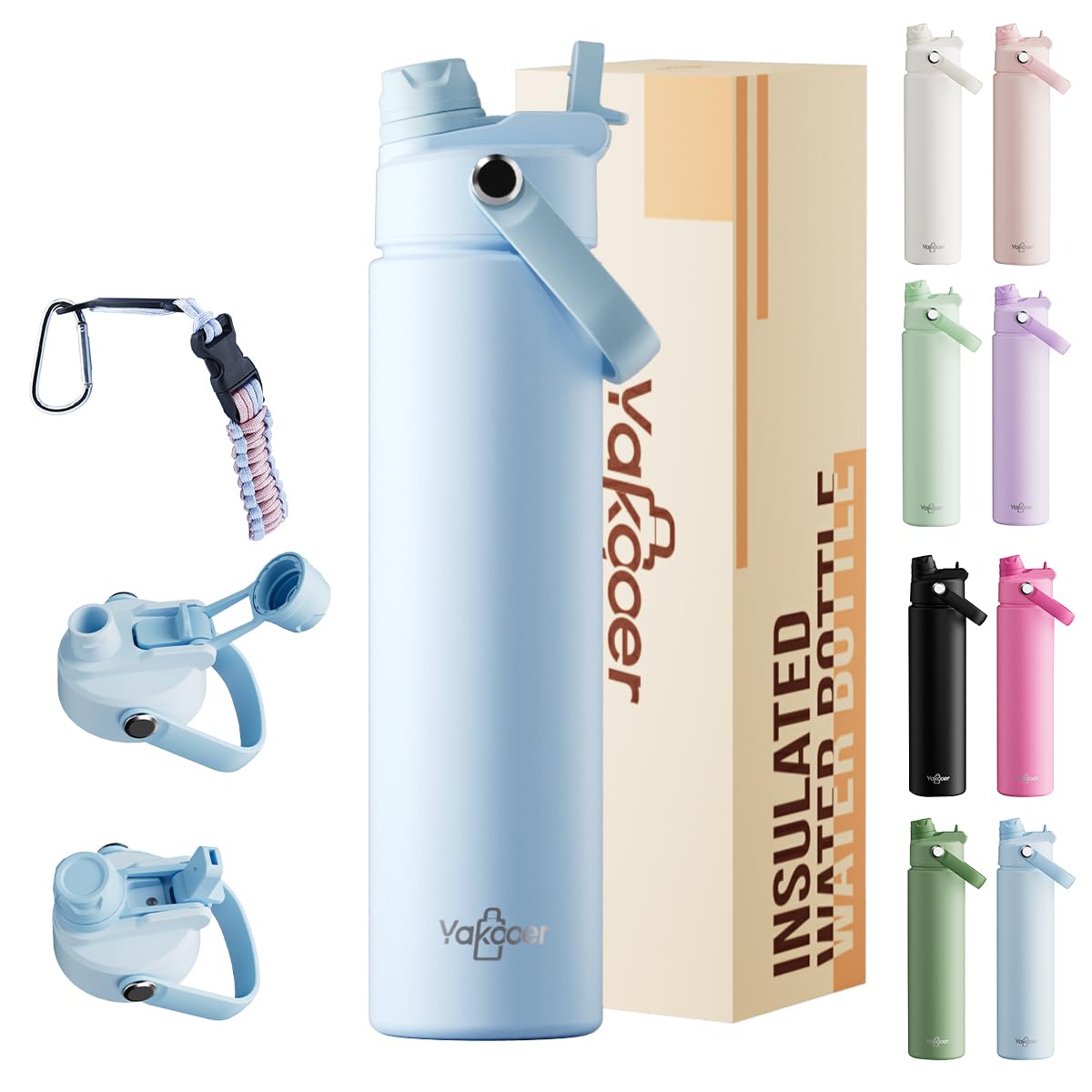 Yakooer 26oz Insulated Water Bottle with 2-in-1 Dual Drink Lid, Sky Blue | Includes Woven…